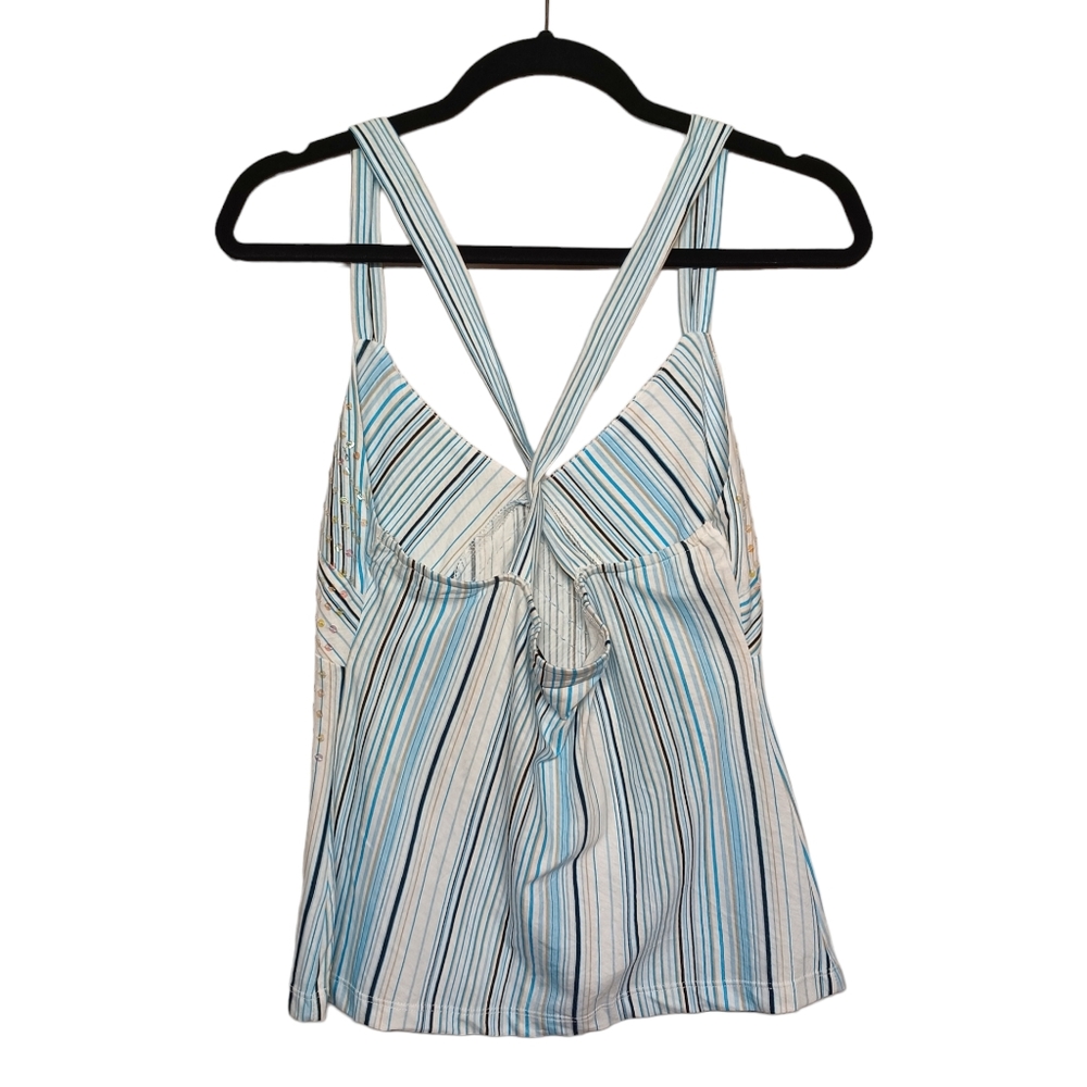 NEW YORK & CO Top Blue Tan Stripe Print Sequin Sleeveless Criss Cross Back NWT - Picture 4 of 7